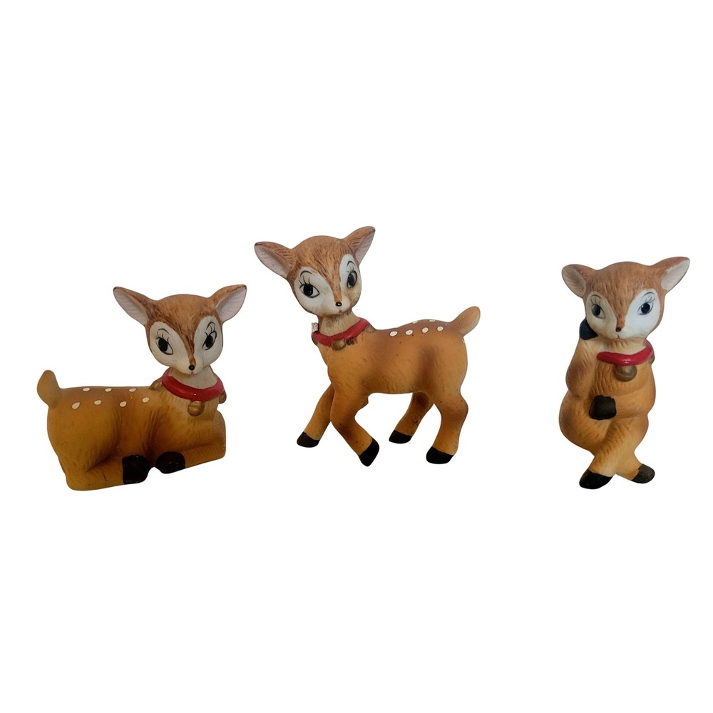 Vtg Homco Ceramic Christmas Reindeer Fawns Figurines Trio Set Red Collar 5606